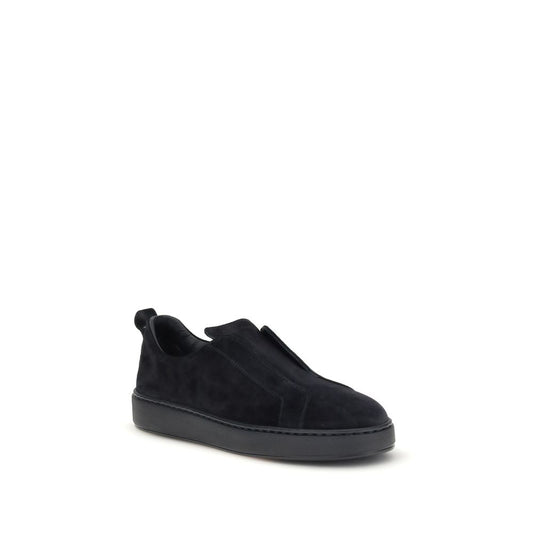 Santoni Black Calf Leather Bos Taurus Low Top Sneakers