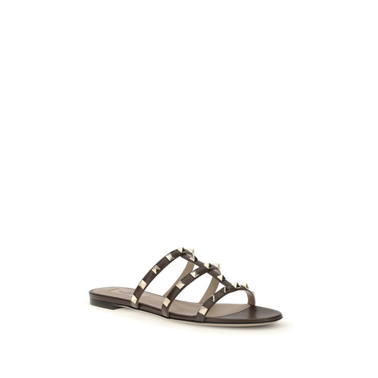 Valentino Garavani Brown Calf Leather Bos Taurus Flat Sandals