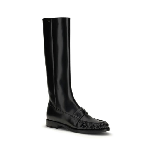 Prada Black Calf Leather Bos Taurus Flat Boots