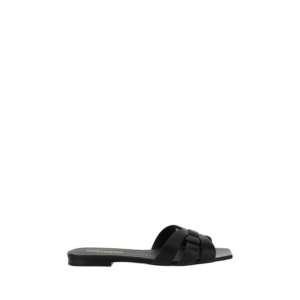 Saint Laurent Black Calf Leather Bos Taurus Flat Sandals
