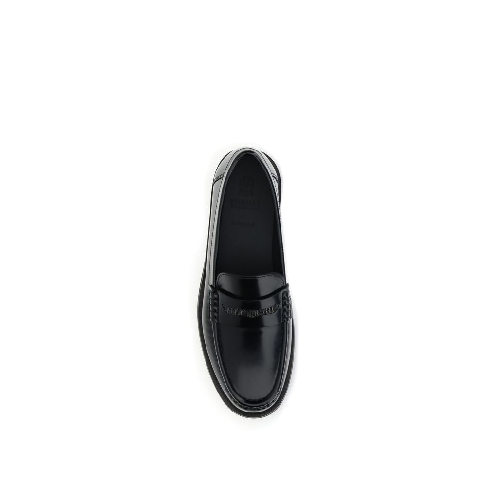 Brunello Cucinelli Black Leather Slip-On Loafers