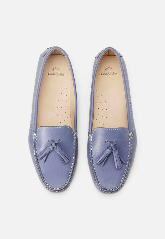 Mangará Atelier Blue Calf Leather Loafers – Women’S Driving Moccasins With Tassel Detail